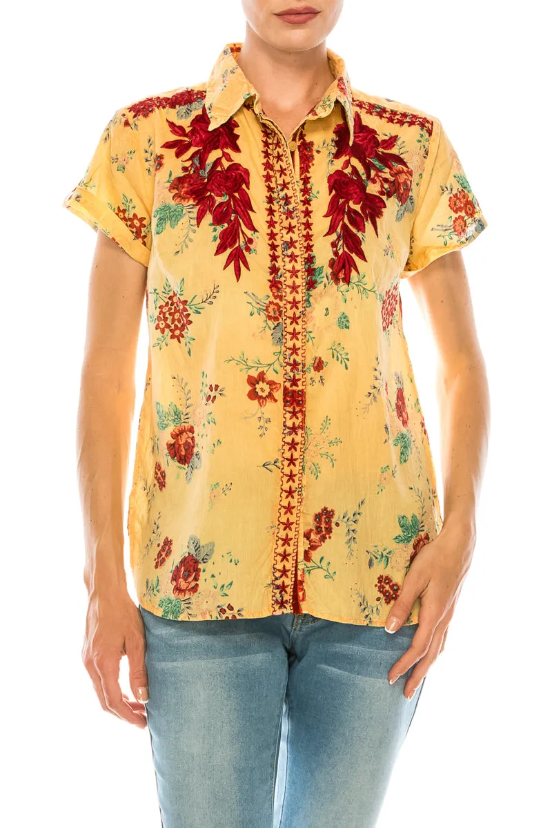 Floral Short Sleeve Shirt with Embroidery and Vintage Wash