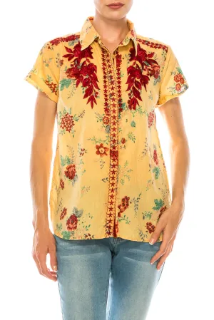 Floral Short Sleeve Shirt with Embroidery and Vintage Wash