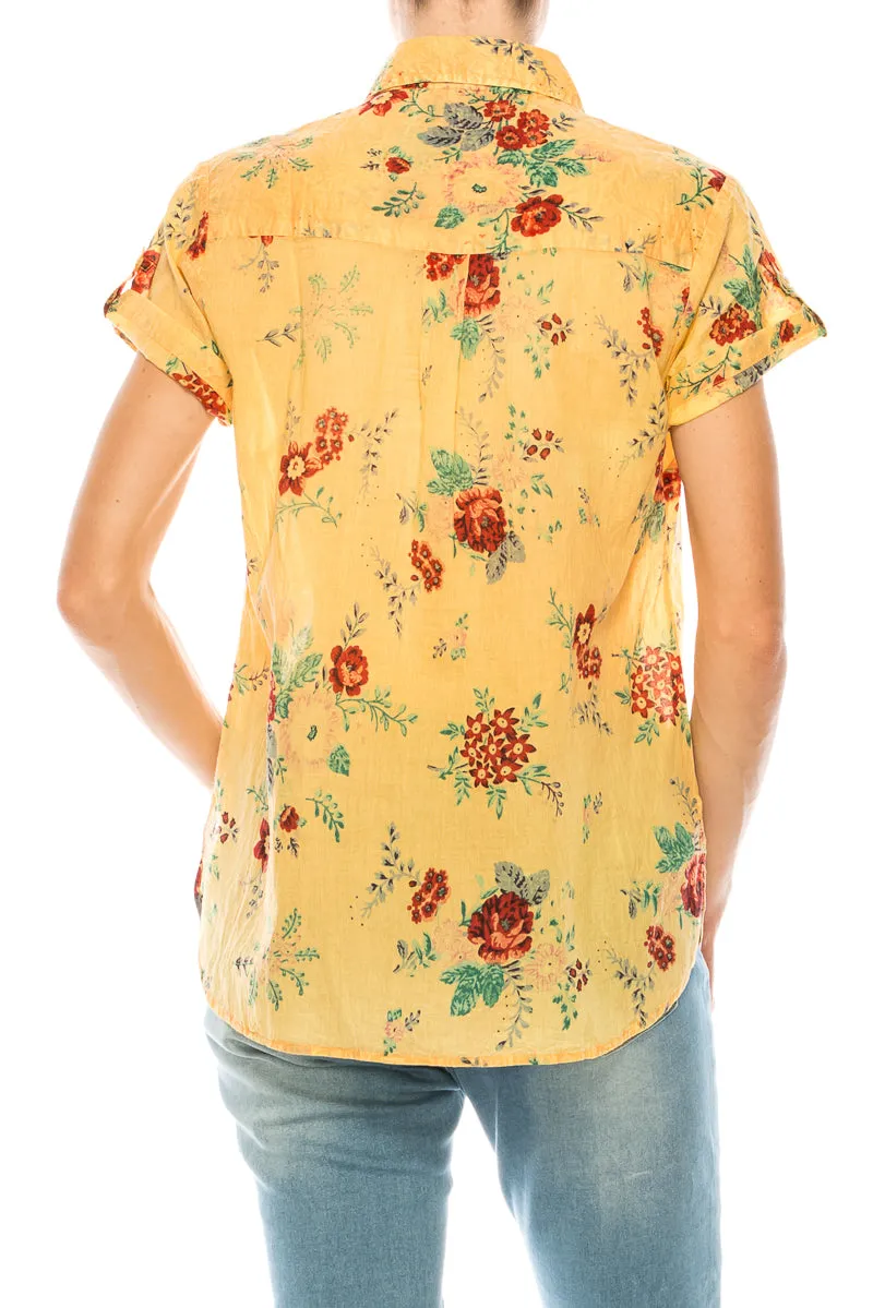 Floral Short Sleeve Shirt with Embroidery and Vintage Wash