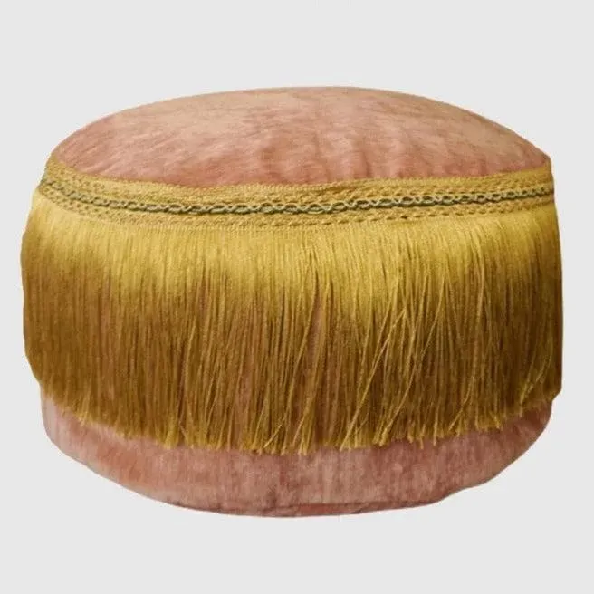 French Vintage Inspired Fringe Velvet Pouf Ottoman