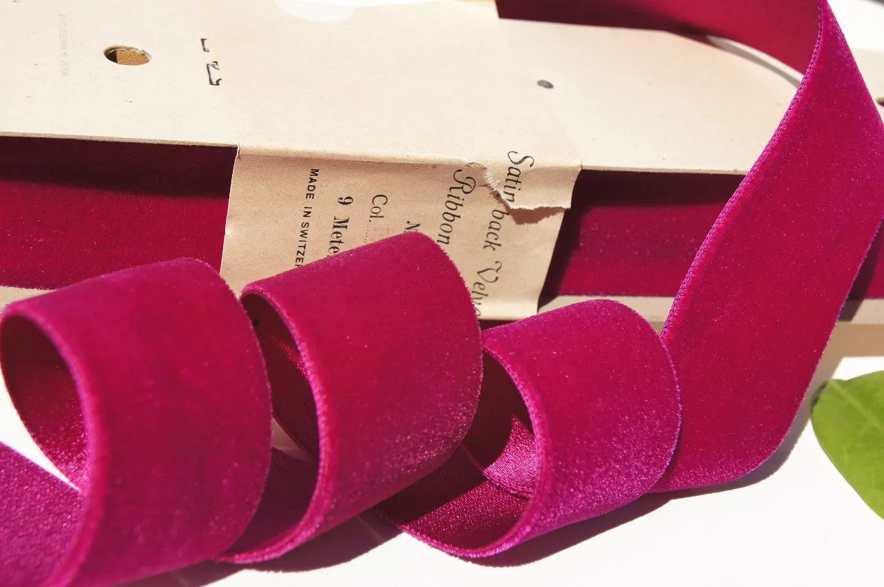 Fuchsia Wine Satn Back Velvet Ribbon Vintage from Switzerland 40mm