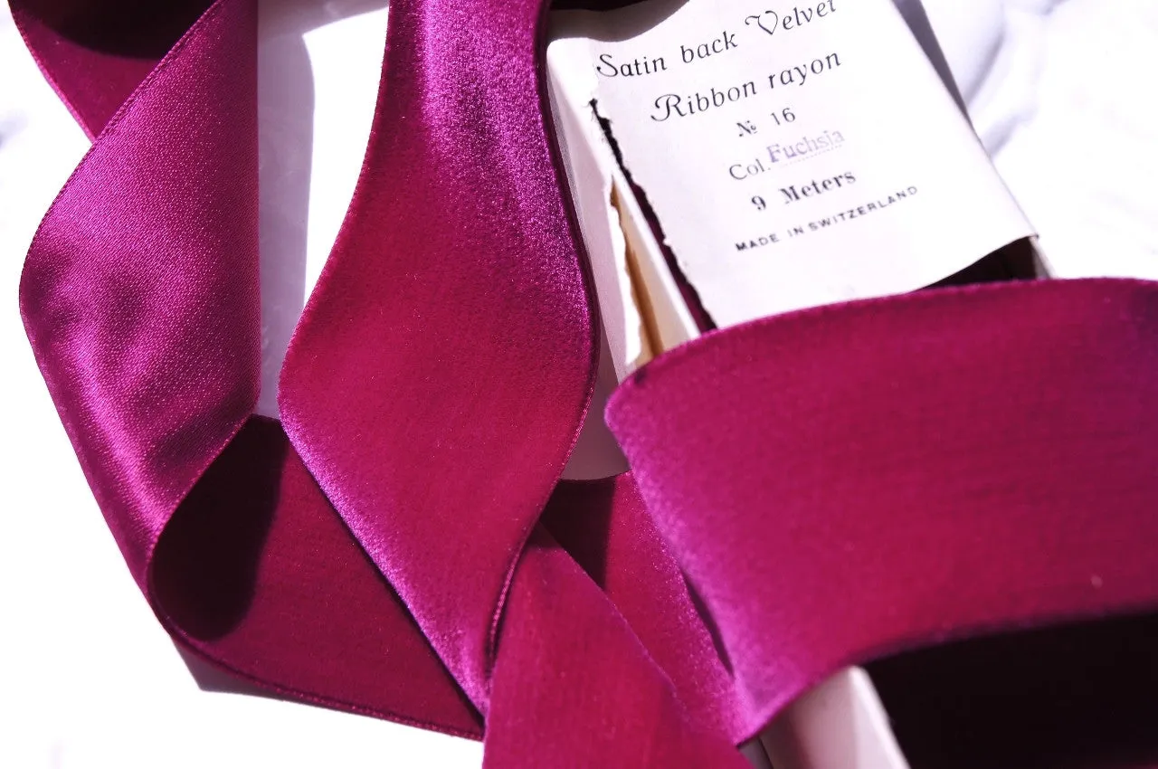 Fuchsia Wine Satn Back Velvet Ribbon Vintage from Switzerland 58mm