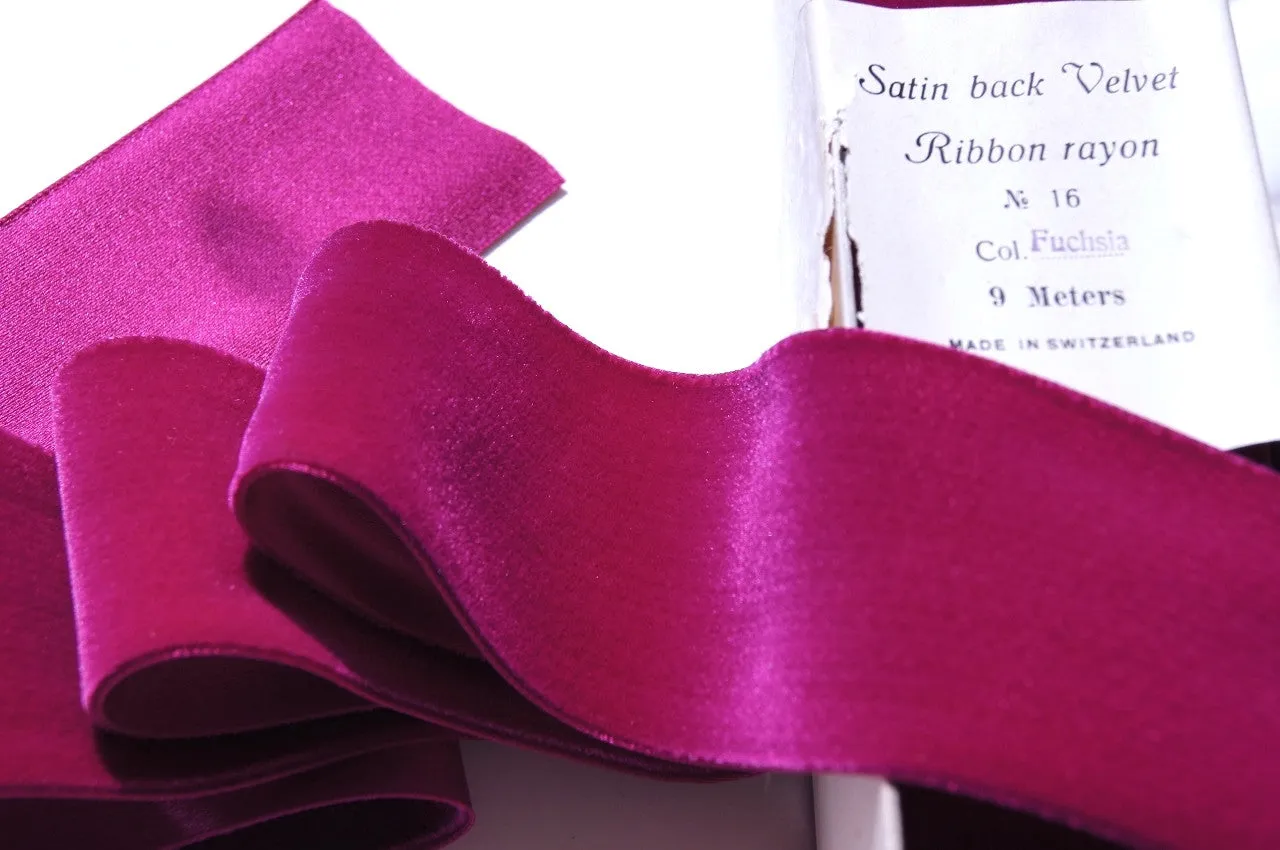 Fuchsia Wine Satn Back Velvet Ribbon Vintage from Switzerland 58mm