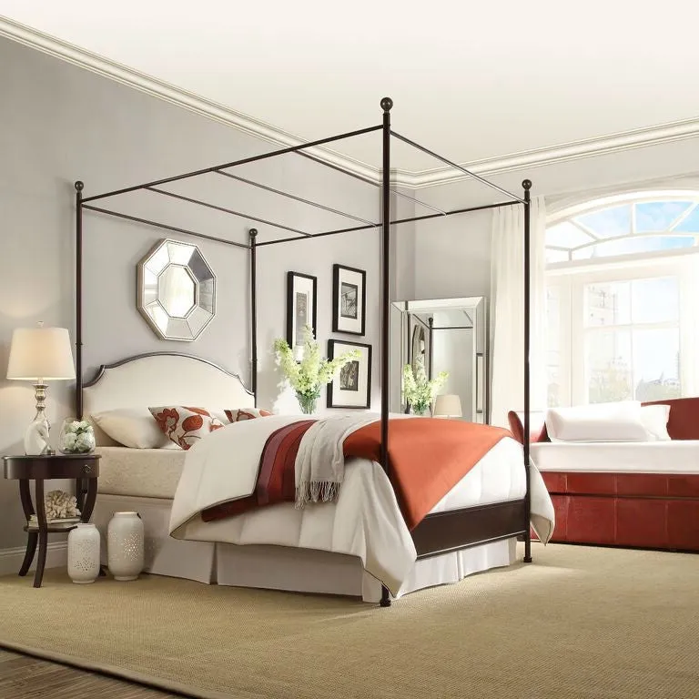 Full size Metal Canopy Bed with Cream White Linen Upholstered Headboard