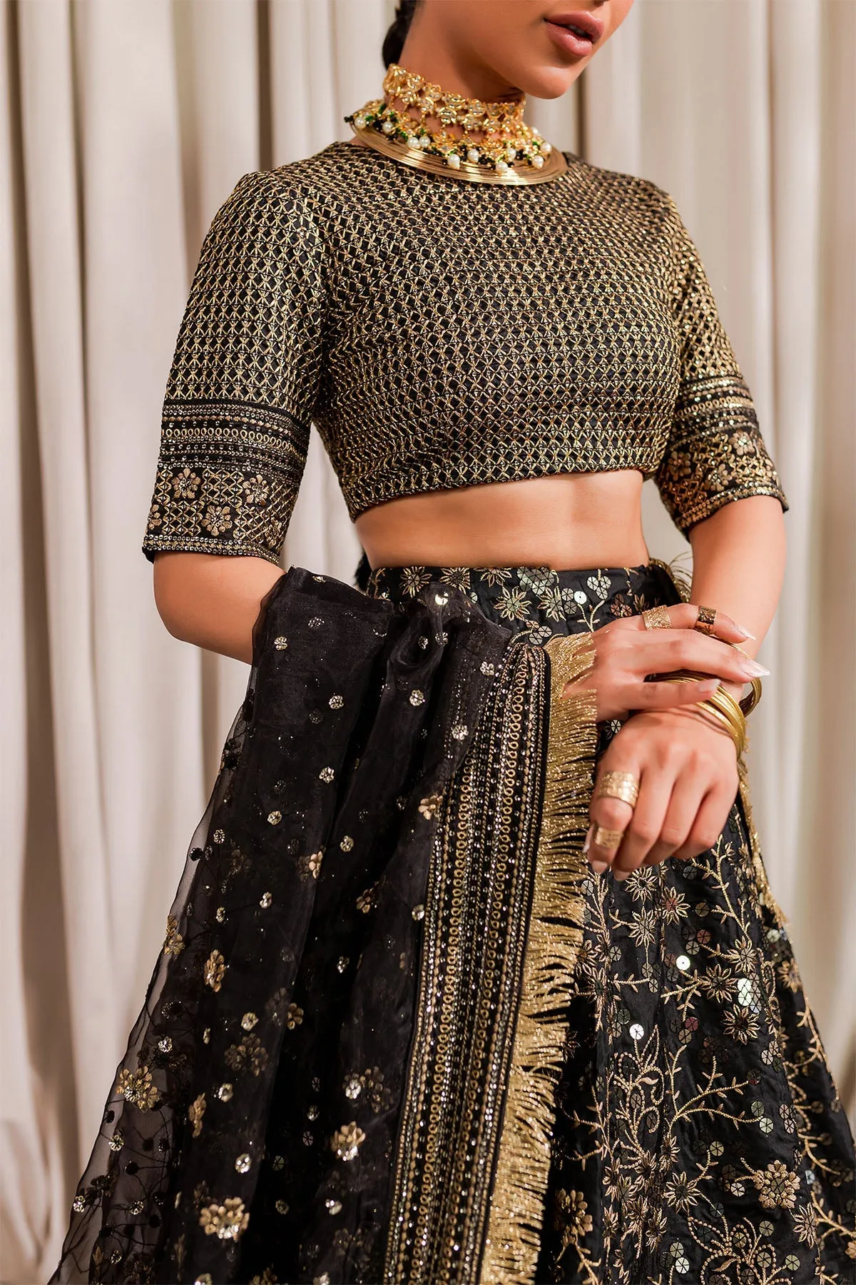 Golden Black Embroidered Pakistani Lehenga Choli Wedding Dress