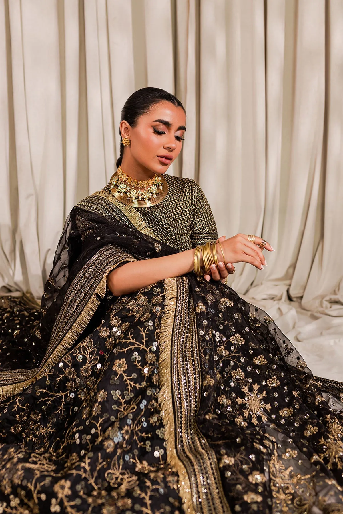 Golden Black Embroidered Pakistani Lehenga Choli Wedding Dress