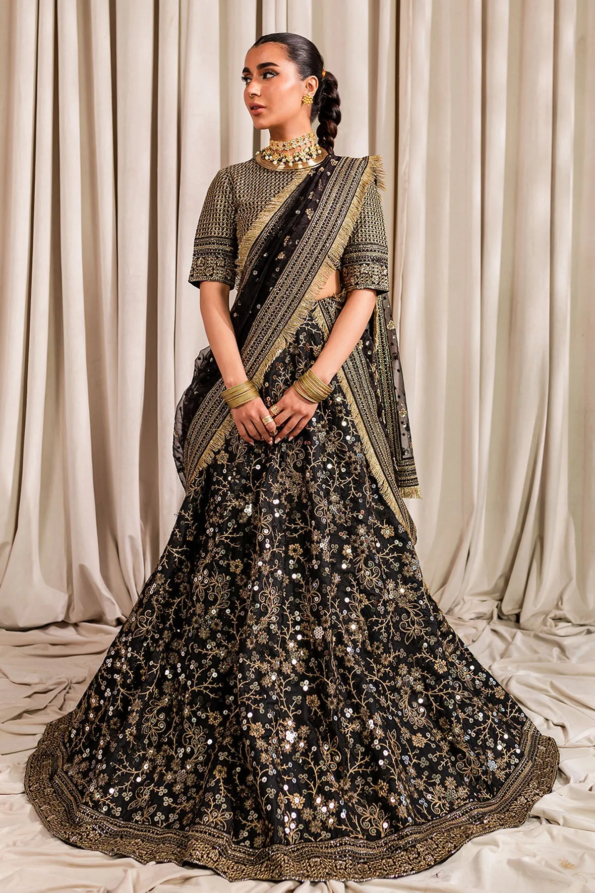 Golden Black Embroidered Pakistani Lehenga Choli Wedding Dress