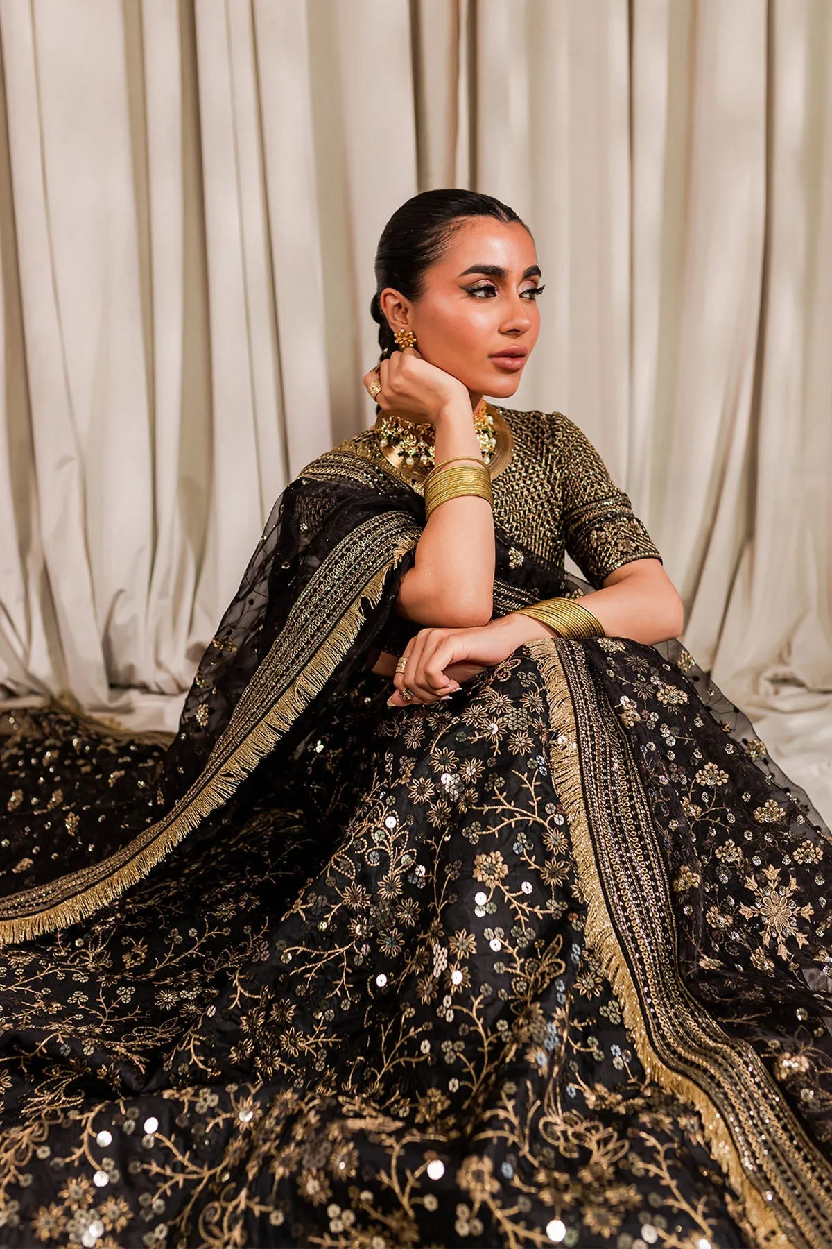 Golden Black Embroidered Pakistani Lehenga Choli Wedding Dress