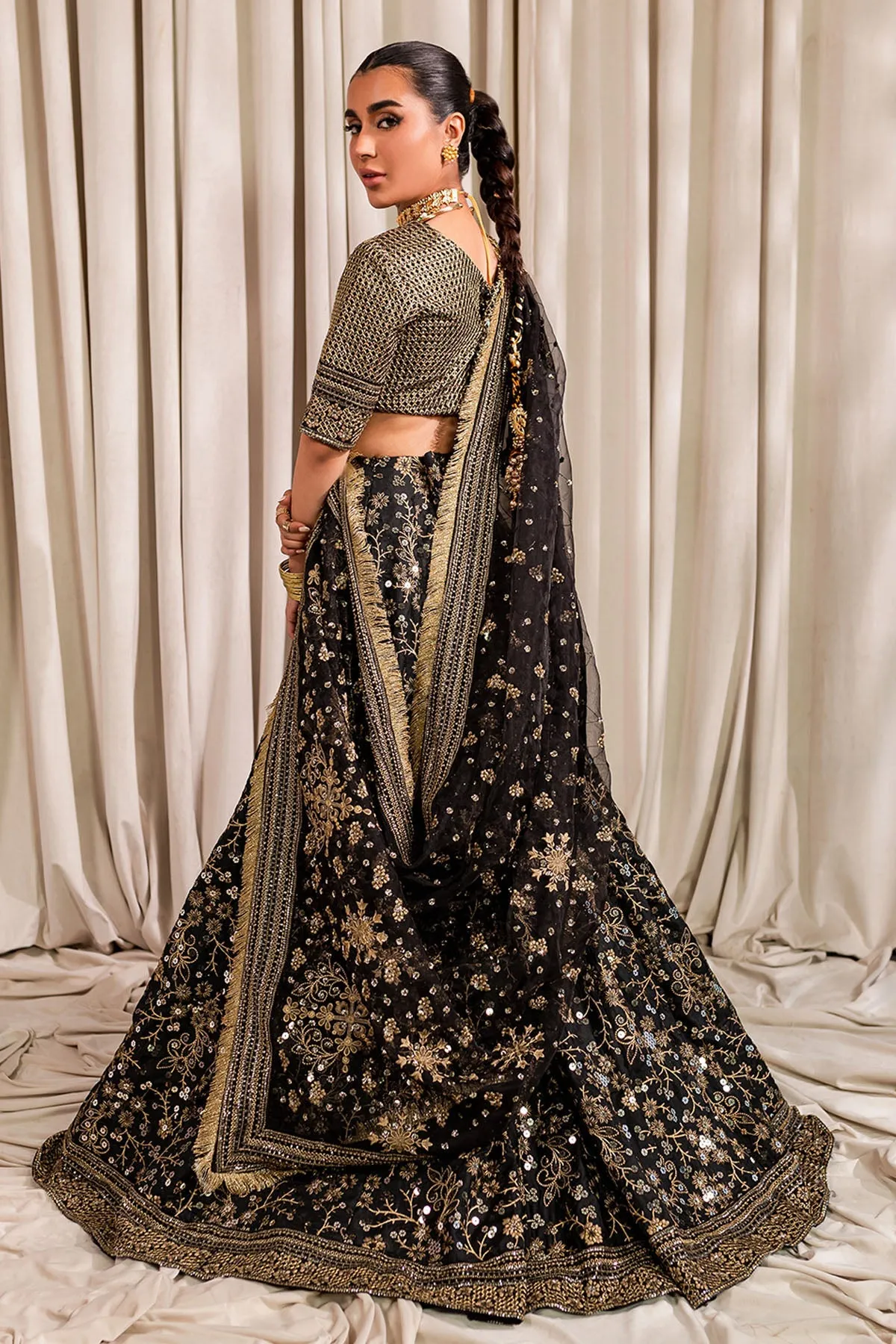Golden Black Embroidered Pakistani Lehenga Choli Wedding Dress