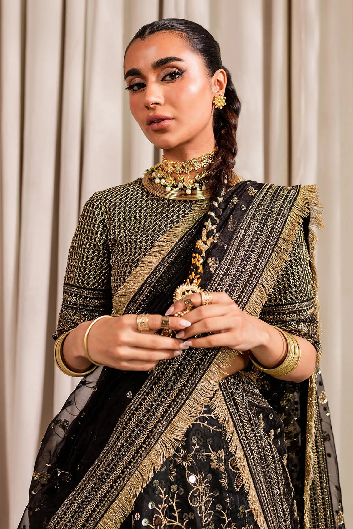 Golden Black Embroidered Pakistani Lehenga Choli Wedding Dress