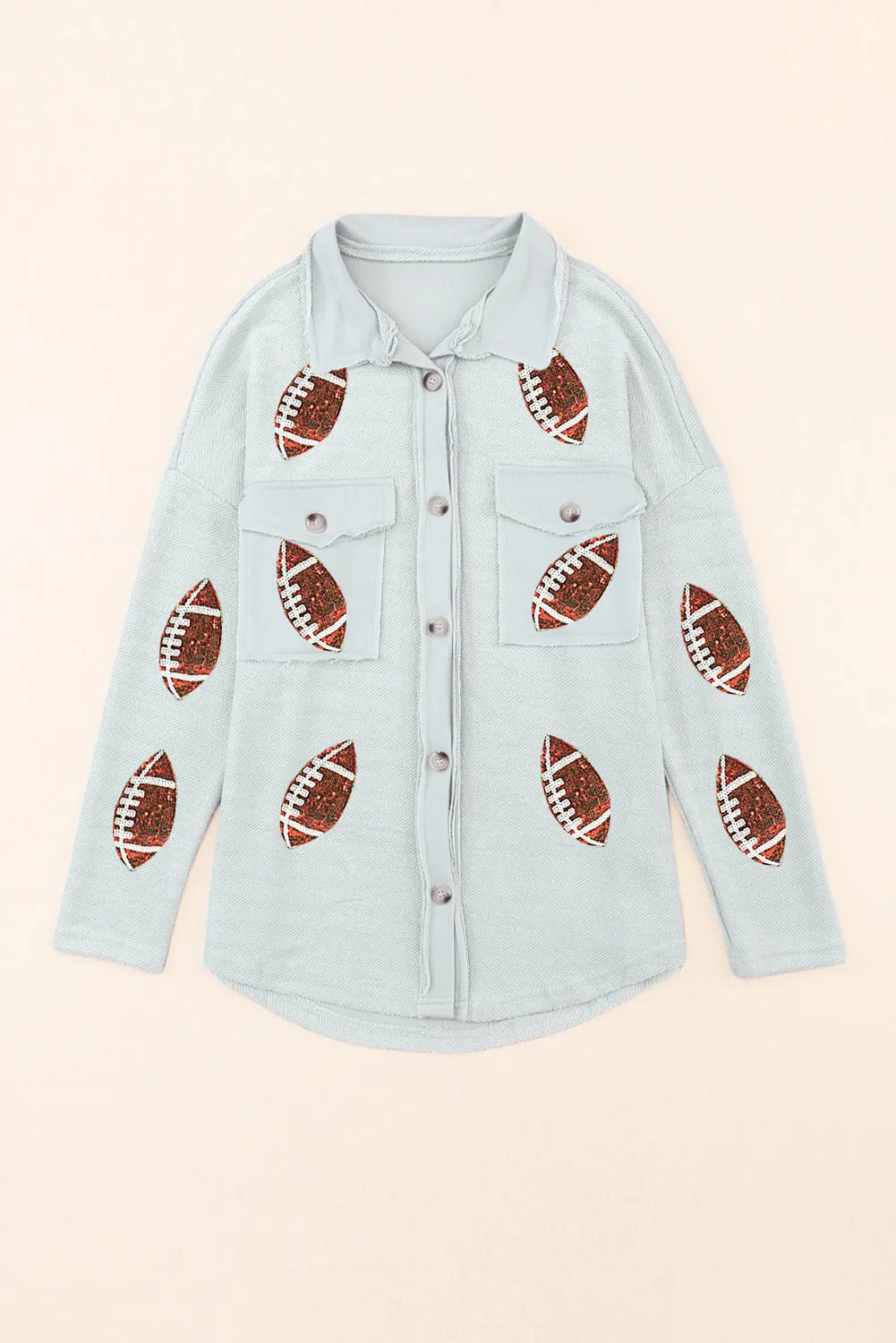 Gray Sequined Rugby Flap Pockets Buttoned Shacket
