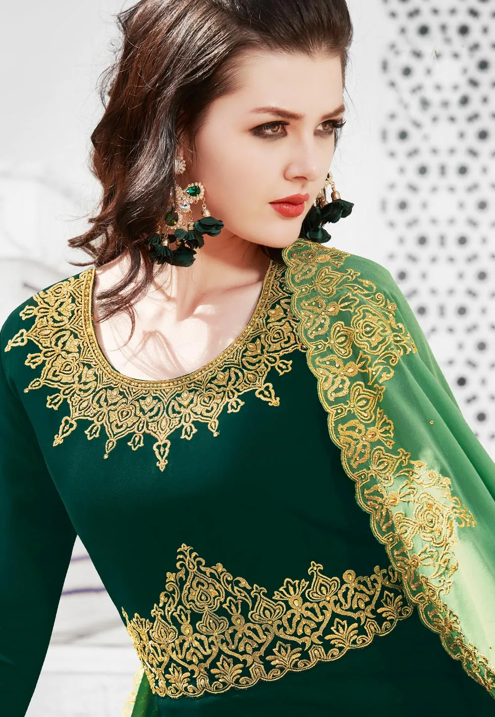 Green Dual Tone Golden Embroidered Flared Anarkali Suit