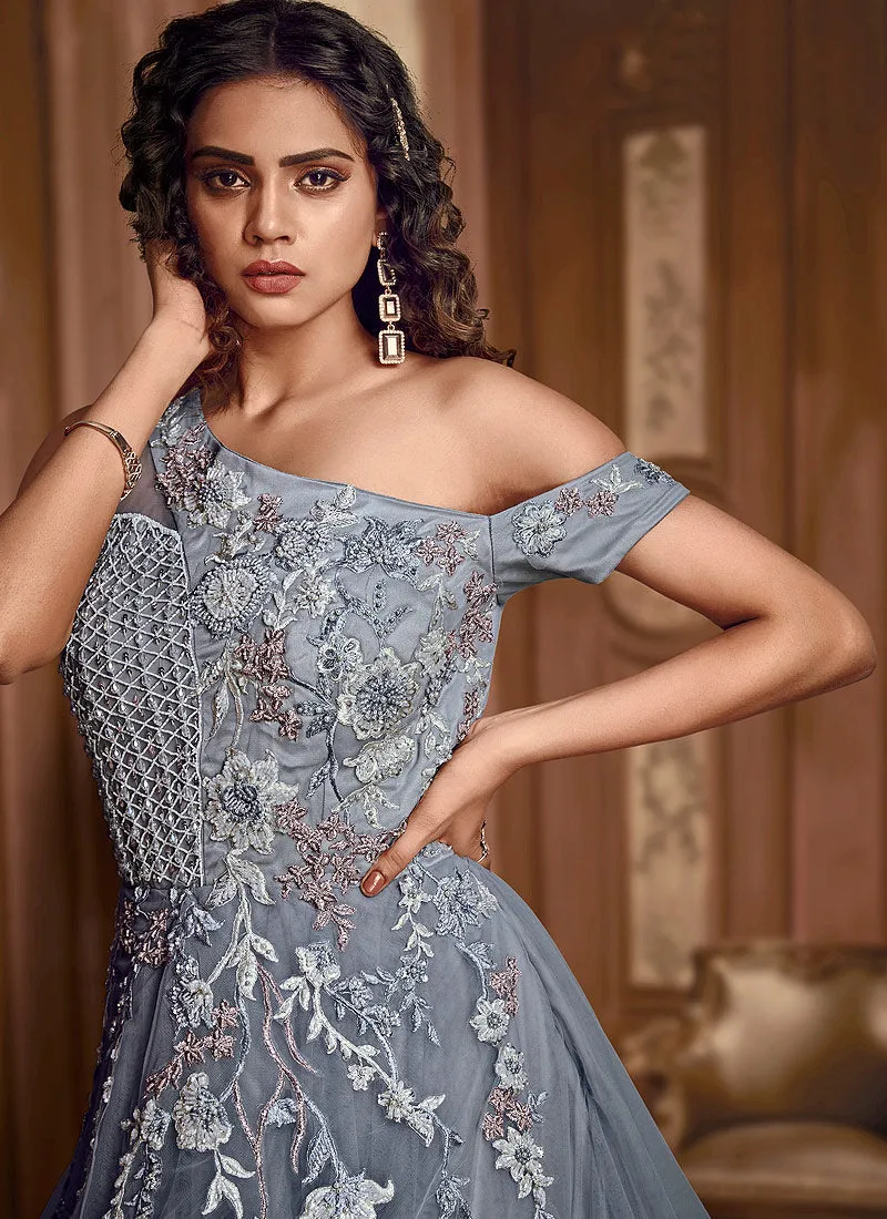 Grey Floral Embroidered Layered Indo Western Gown