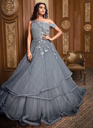 Grey Floral Embroidered Layered Indo Western Gown