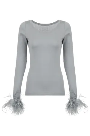 Grey Knit Top With Detachable Feather Cuffs