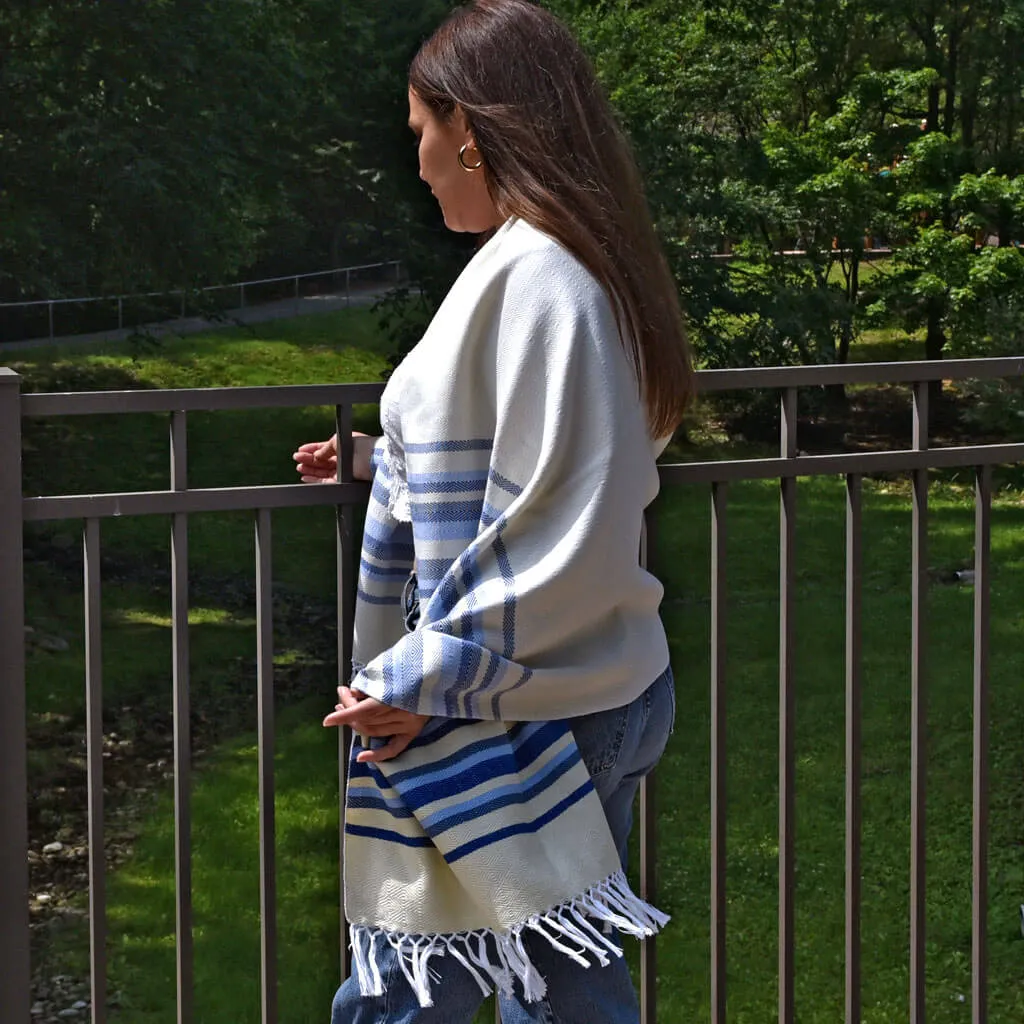Hand Woven Border Wraps | White & Cream with Blue Stripes