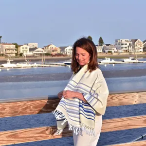 Hand Woven Border Wraps | White & Cream with Blue Stripes