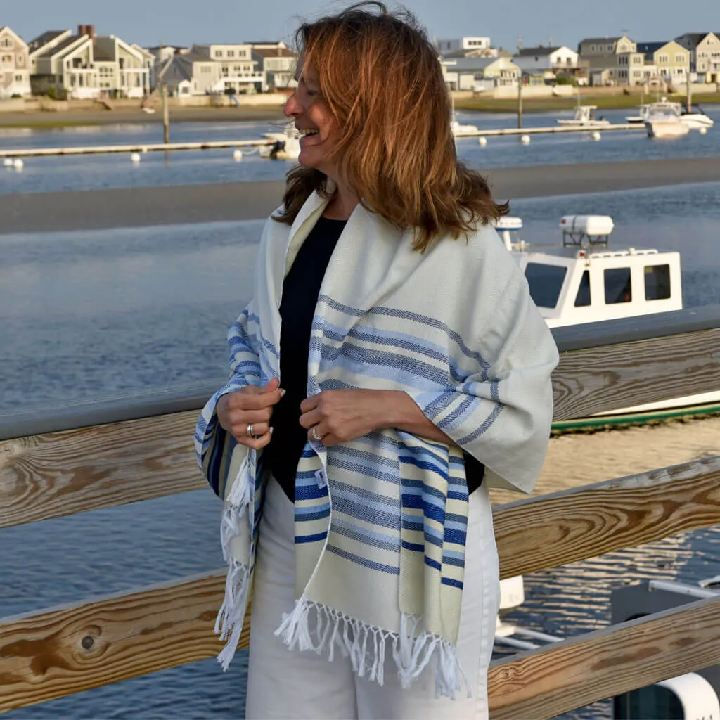 Hand Woven Border Wraps | White & Cream with Blue Stripes