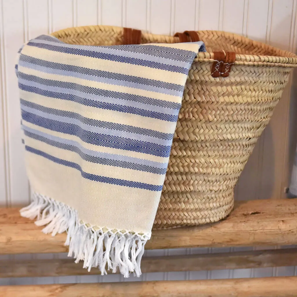Hand Woven Border Wraps | White & Cream with Blue Stripes