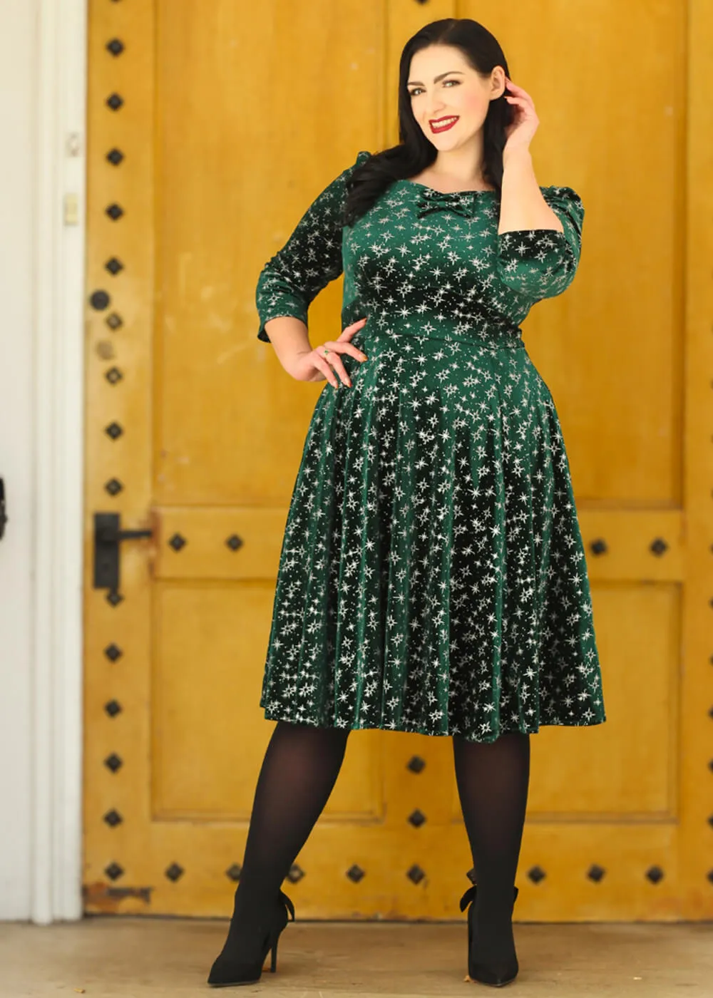 Hearts & Roses Paris Sparkle Velvet 50's Swing Dress in Green