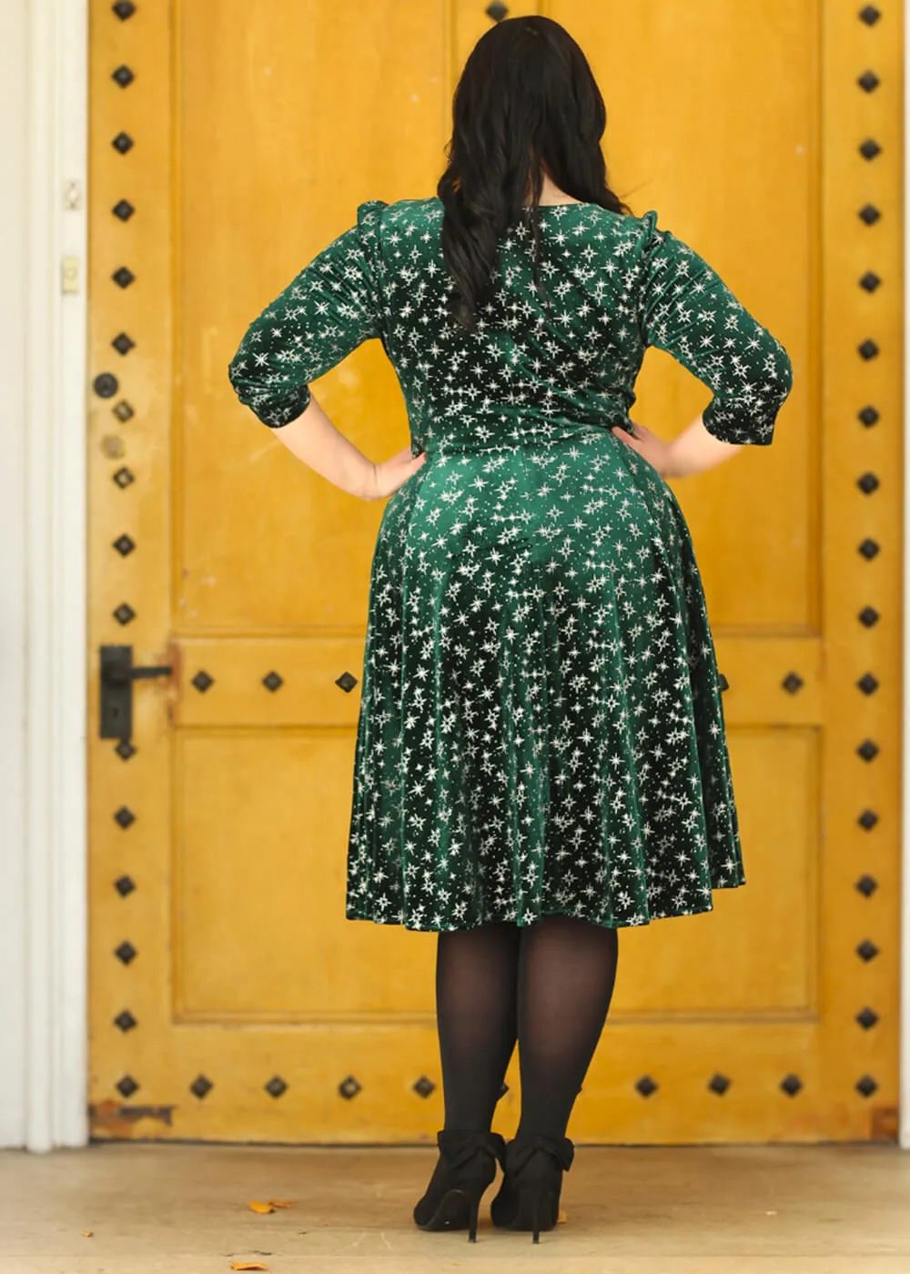 Hearts & Roses Paris Sparkle Velvet 50's Swing Dress in Green