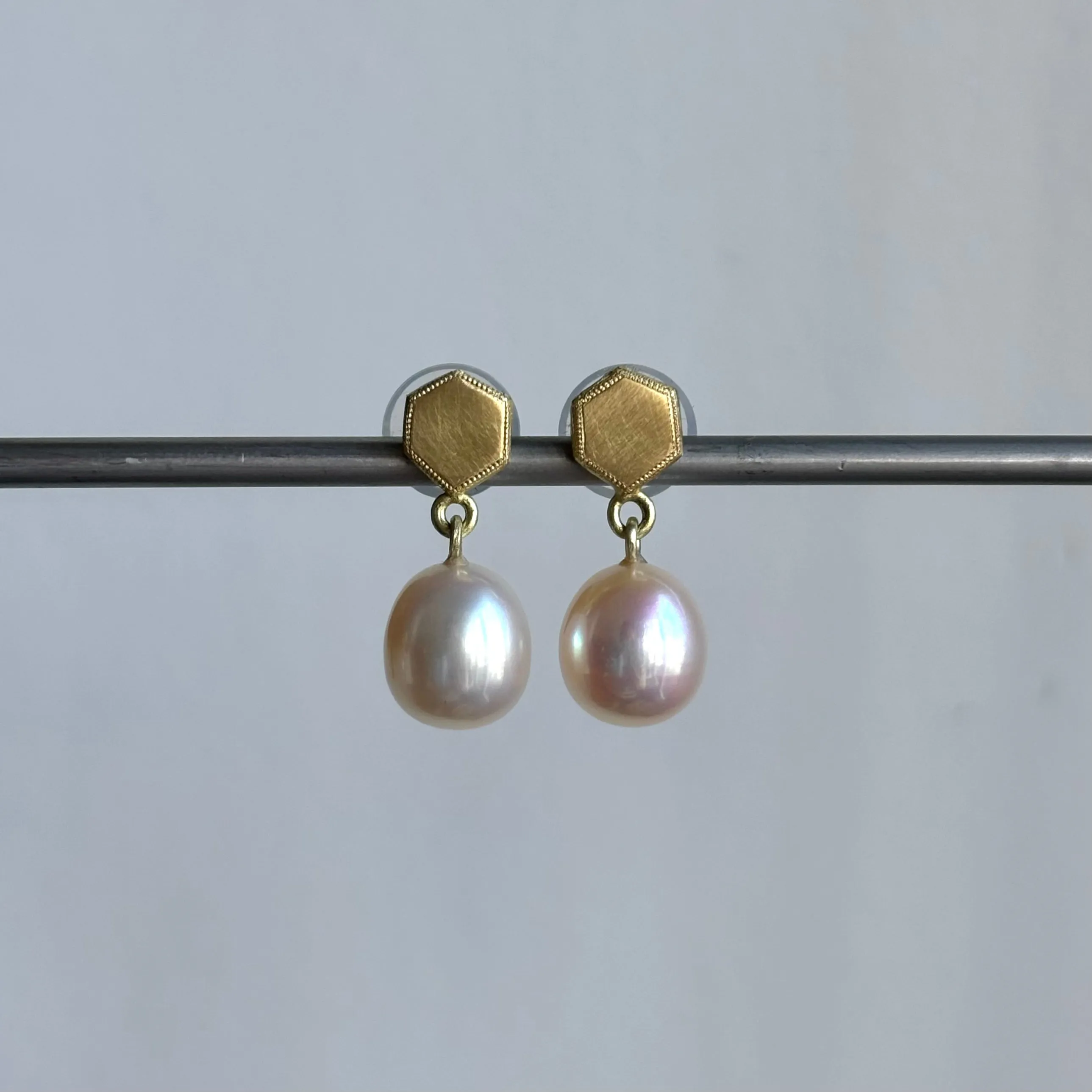 Hexagon & Pearl Post Earrings