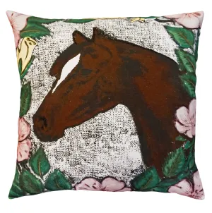 Horse and Roses 20"x20" Cotton Embroidered Pillow