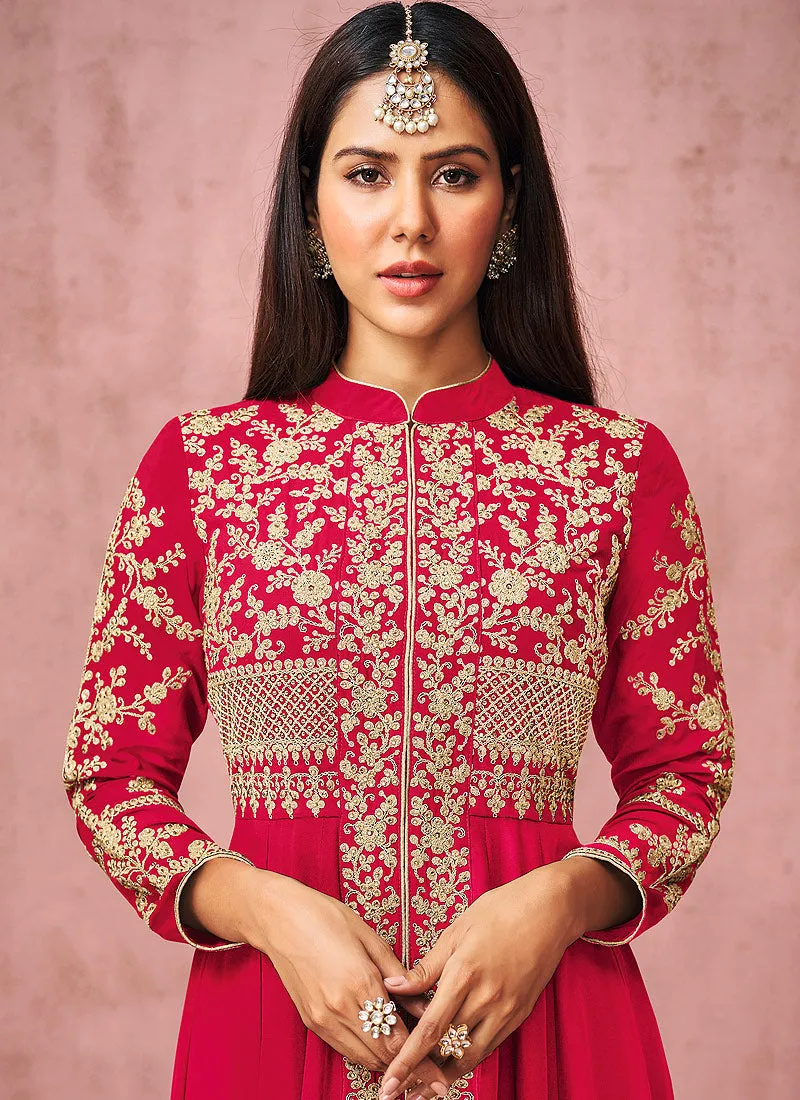 Hot Pink Embroidered Slit Style Anarkali Pant Suit