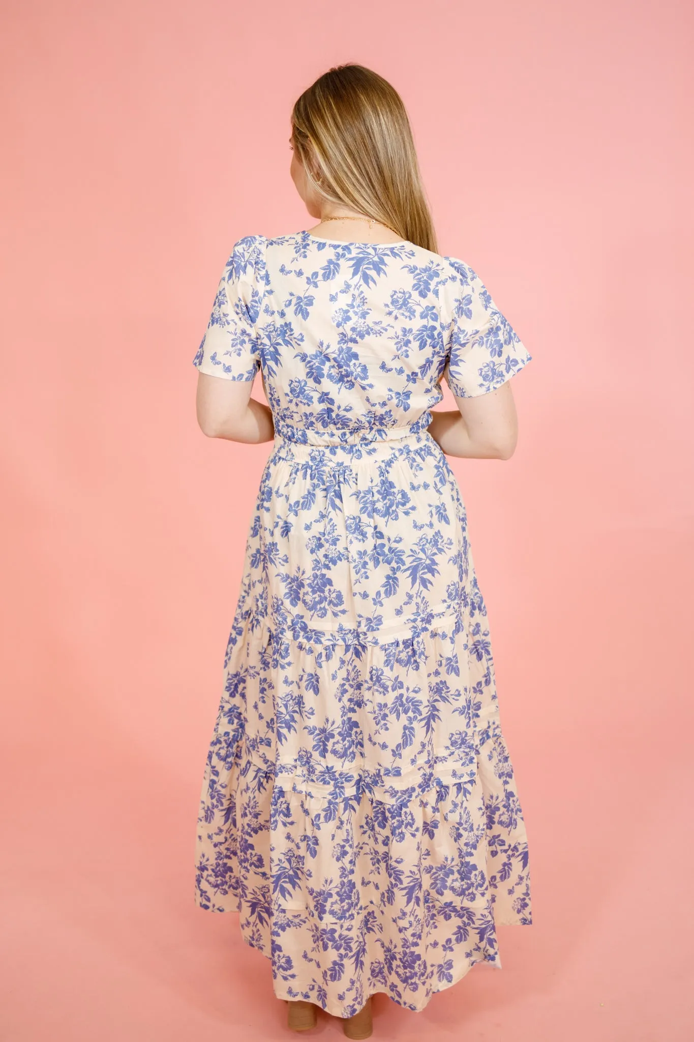 Ivory and Blue Floral Maxi Dress, S-2XL