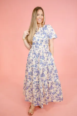 Ivory and Blue Floral Maxi Dress, S-2XL