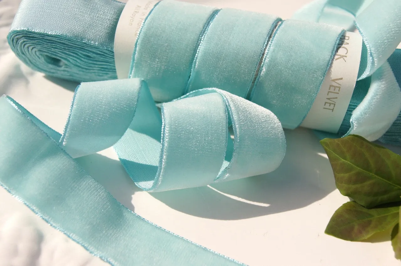 Light Aqua Velvet Ribbon Vintage from France 25mm