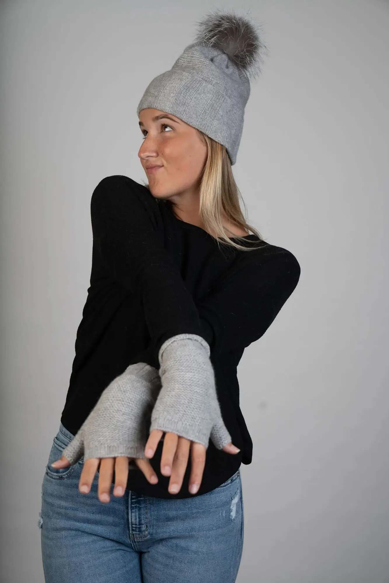 Light Grey and Ivory Cashmere Shawl w/ Fringe