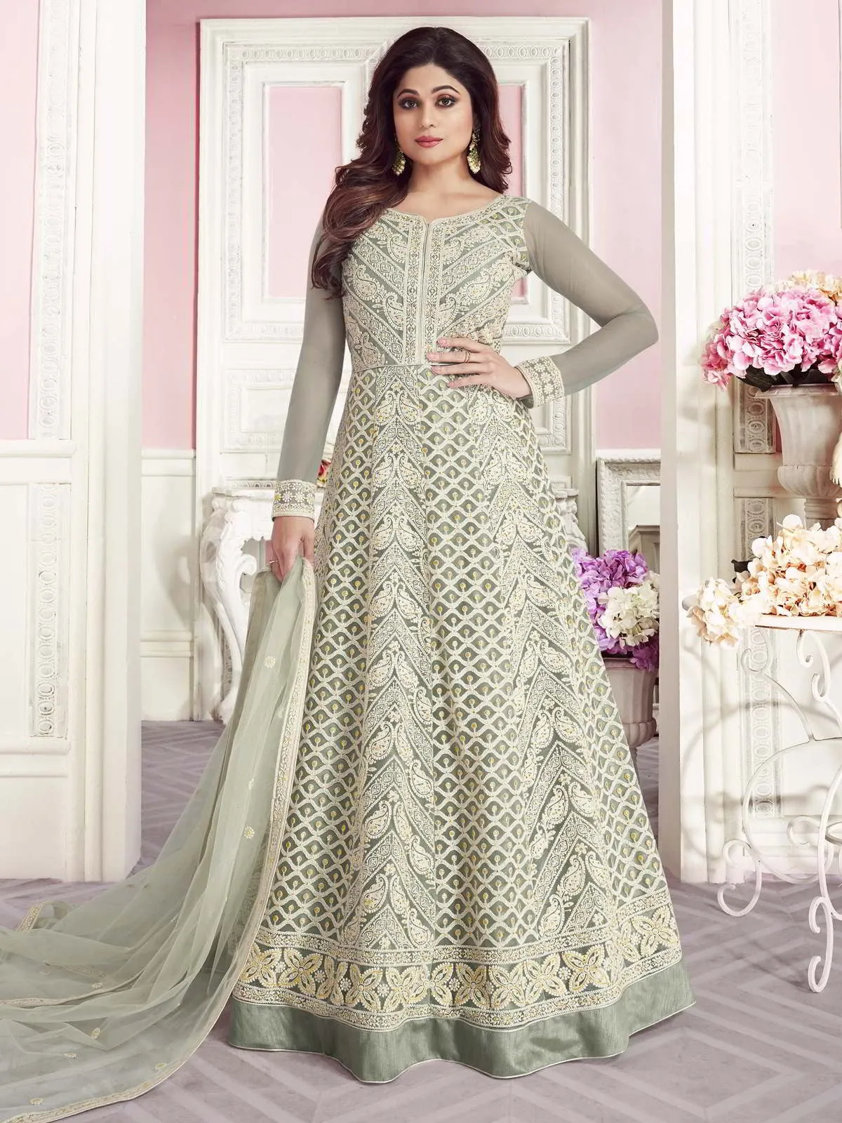 Light Teal Overall Embroidered Designer Net Anarkali Suit