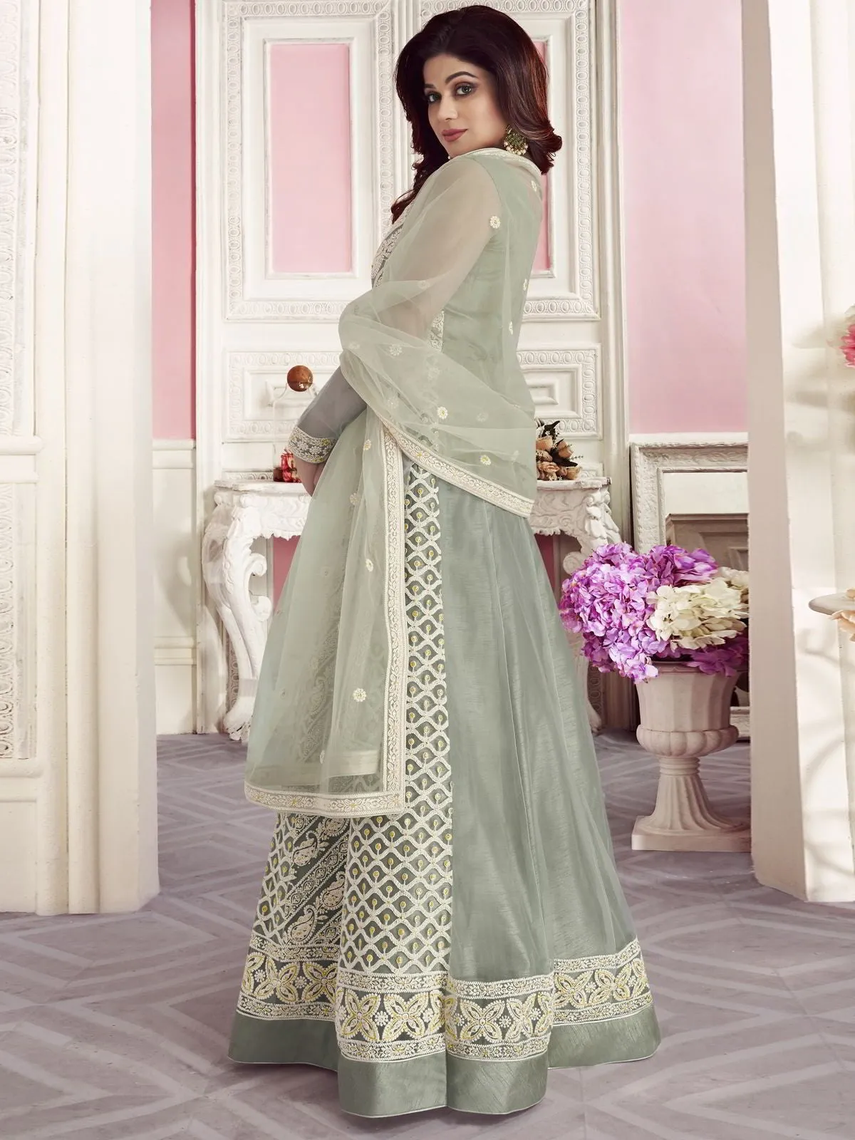 Light Teal Overall Embroidered Designer Net Anarkali Suit