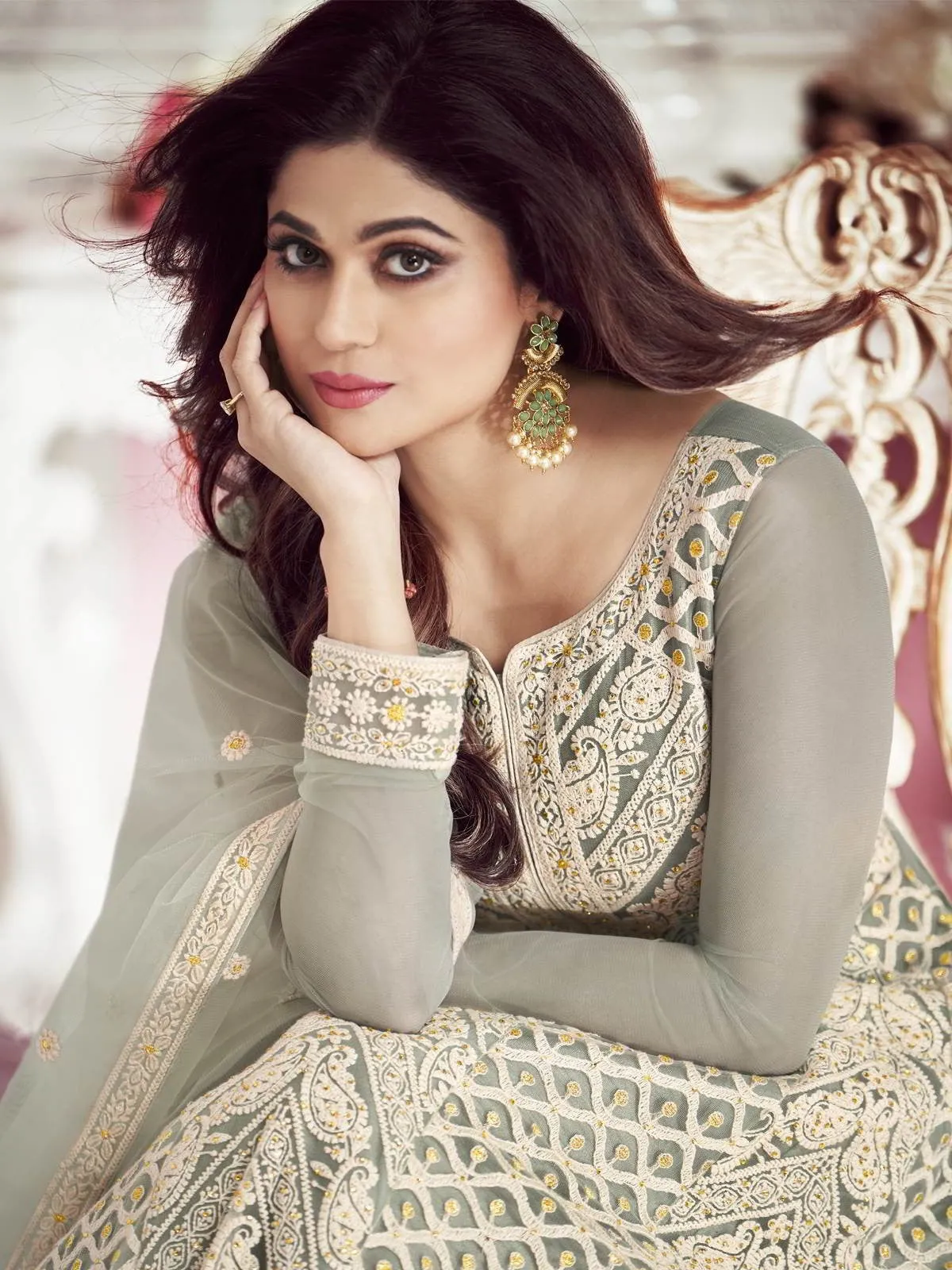 Light Teal Overall Embroidered Designer Net Anarkali Suit