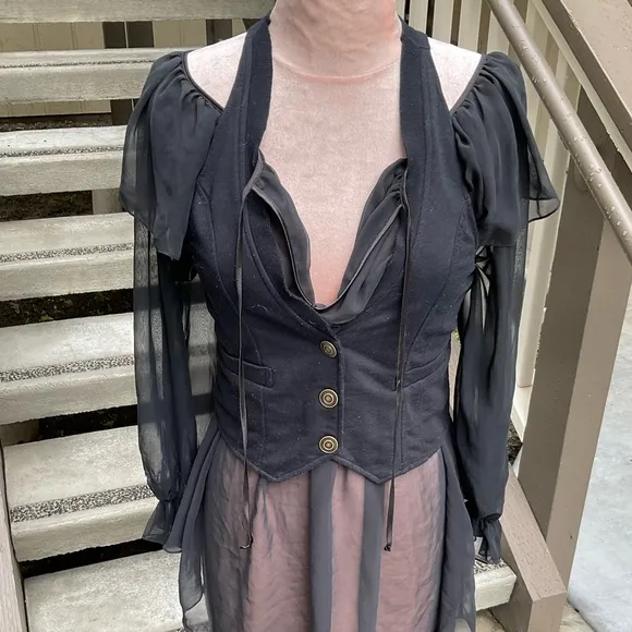 Linda Bis VTG Black sheer long full sleeves ruffled tie neck poet nightgown S