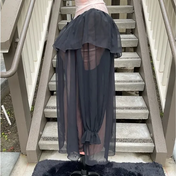 Linda Bis VTG Black sheer long full sleeves ruffled tie neck poet nightgown S
