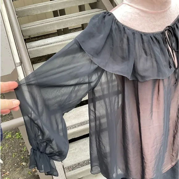 Linda Bis VTG Black sheer long full sleeves ruffled tie neck poet nightgown S