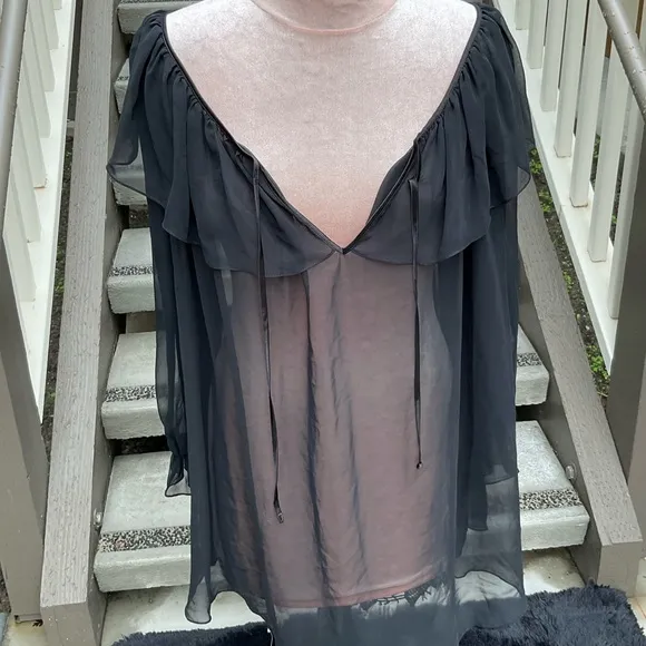 Linda Bis VTG Black sheer long full sleeves ruffled tie neck poet nightgown S