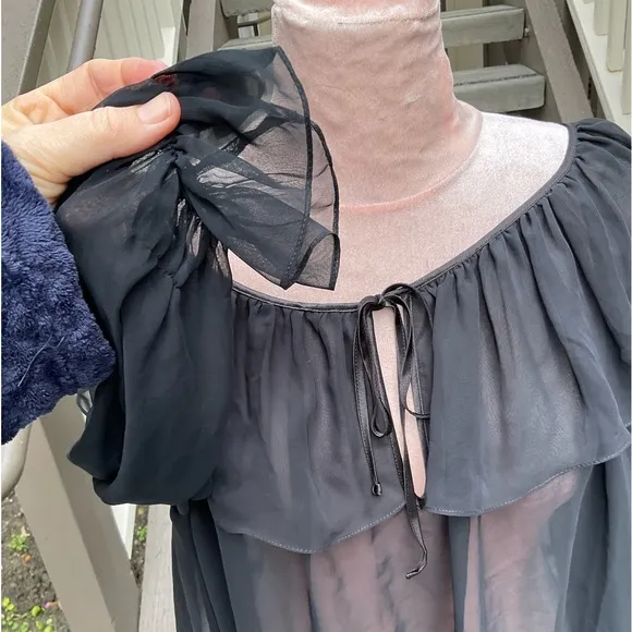 Linda Bis VTG Black sheer long full sleeves ruffled tie neck poet nightgown S