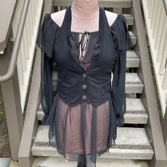 Linda Bis VTG Black sheer long full sleeves ruffled tie neck poet nightgown S
