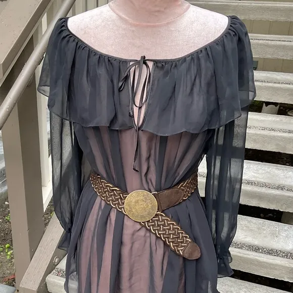 Linda Bis VTG Black sheer long full sleeves ruffled tie neck poet nightgown S