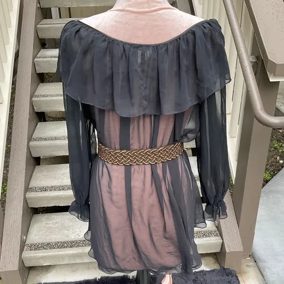 Linda Bis VTG Black sheer long full sleeves ruffled tie neck poet nightgown S