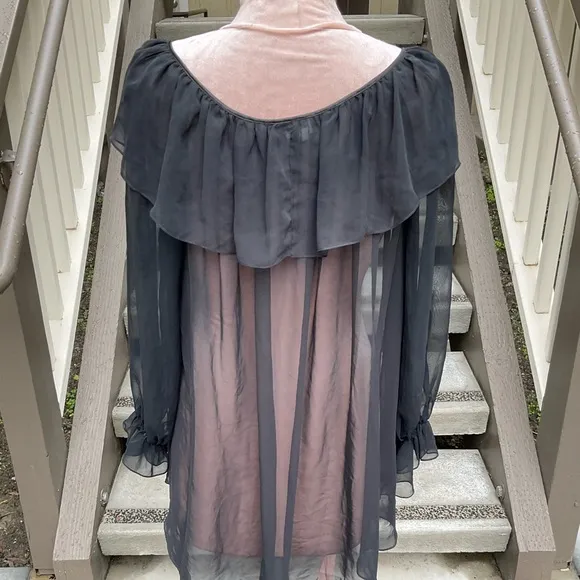 Linda Bis VTG Black sheer long full sleeves ruffled tie neck poet nightgown S