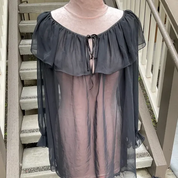 Linda Bis VTG Black sheer long full sleeves ruffled tie neck poet nightgown S