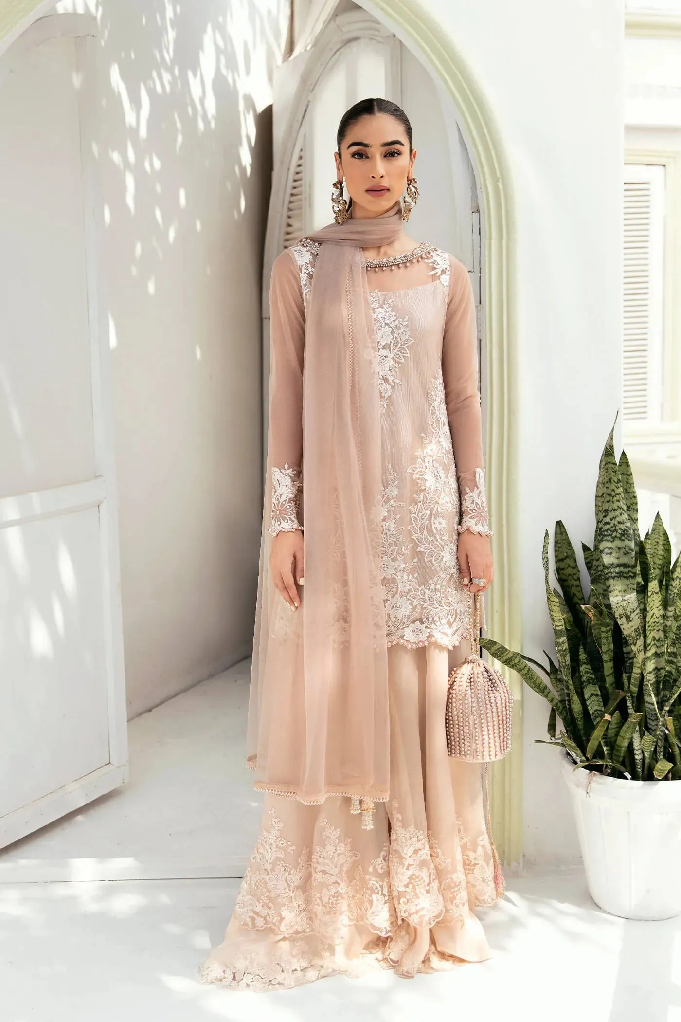 Luxury Rose Gold Embroidered Pakistani Salwar Kameez Dupatta Suit