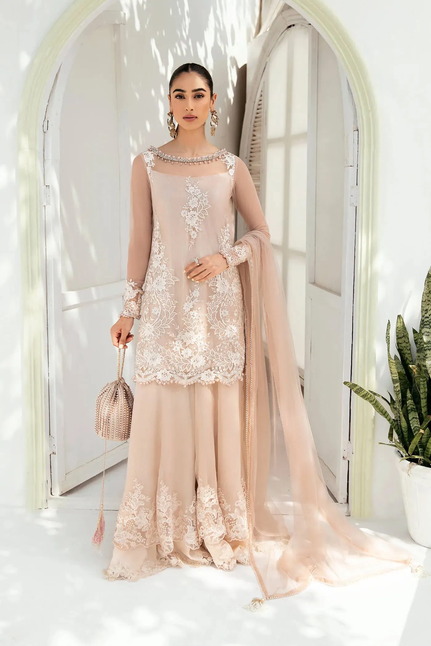 Luxury Rose Gold Embroidered Pakistani Salwar Kameez Dupatta Suit