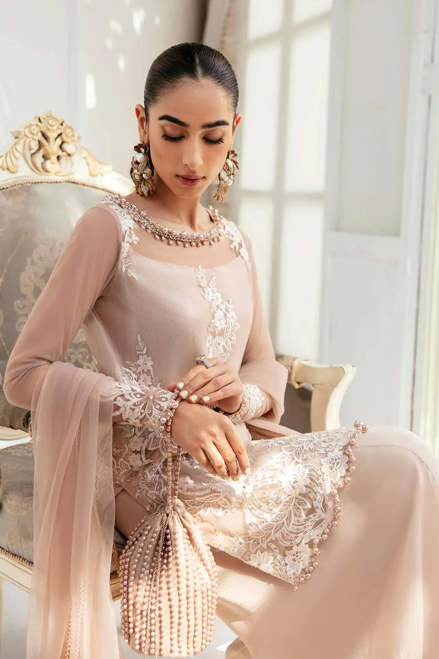 Luxury Rose Gold Embroidered Pakistani Salwar Kameez Dupatta Suit