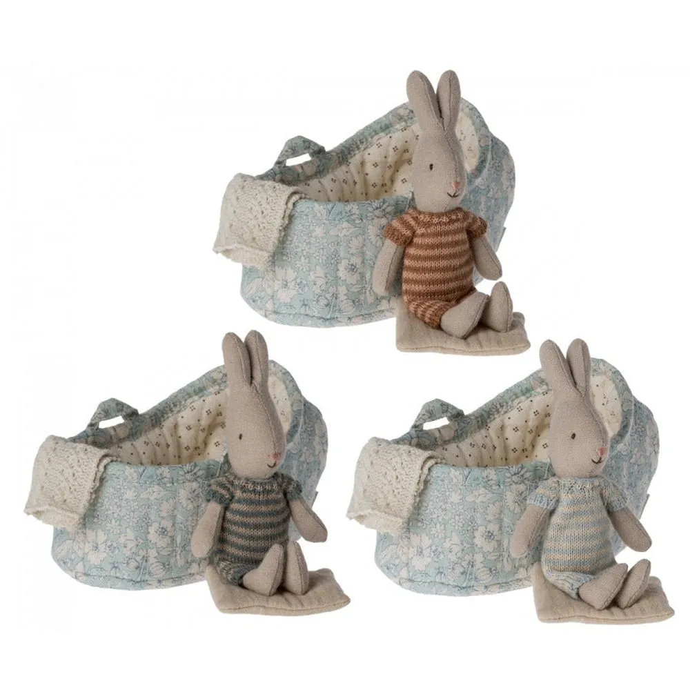 Maileg rabbit in carry cot - 3 assorted colours