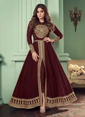 Maroon Golden Embroidered Slit Style Anarkali Pant Suit